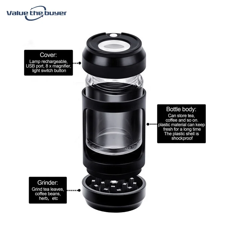 Custom logo Plastic and Glass Light- up LED Air Tight Storage Jars Herb grinder