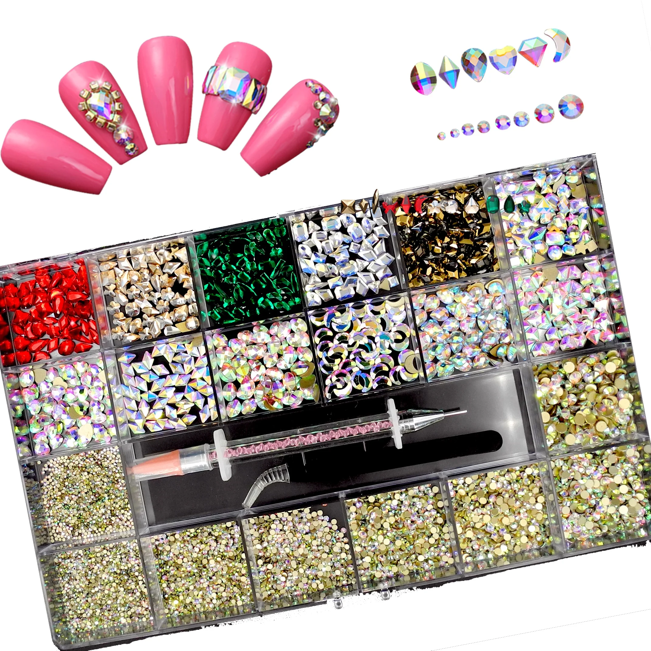 
8000pcs 21 Grid Nail Art Supplies Sticker Jewelry Box Set Shape Crystal Rhinestone Mix Design Nail Art With Wax Pen Tweezers 