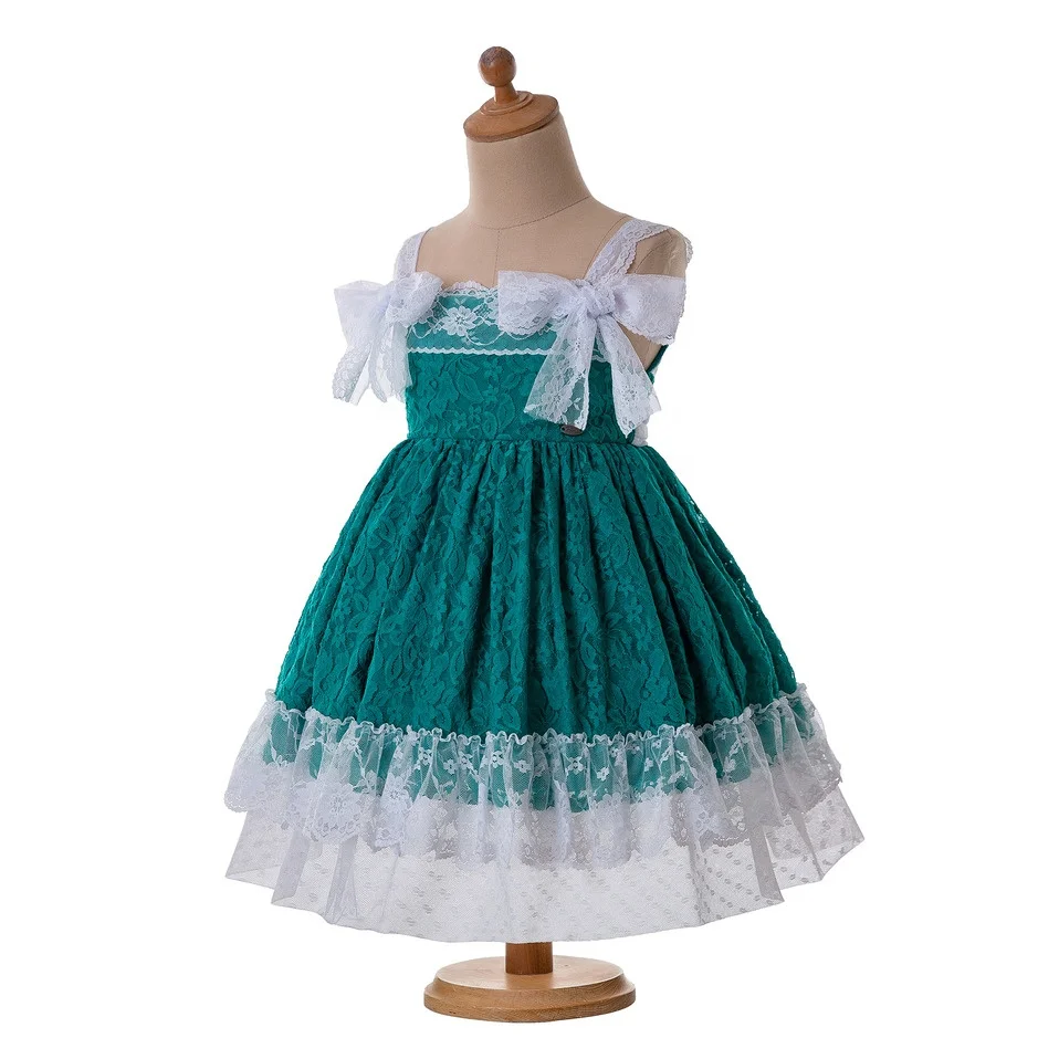 2023 OEM Pettigirl Newest Green Baby Girls Dresses Lace Flower Girl Dresses With Headwear Wholesale