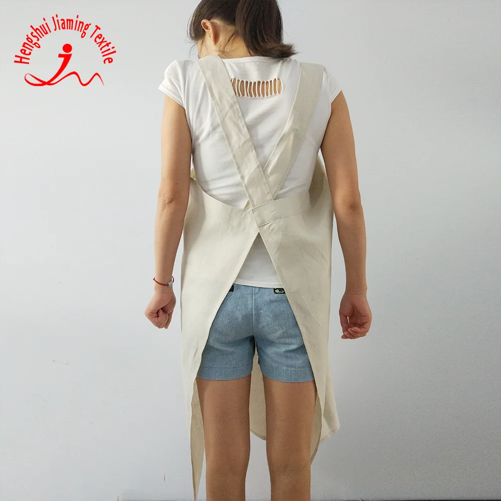 Beauty Women cross back linen apron kitchen cooking long apron with pocket linen crossback apron
