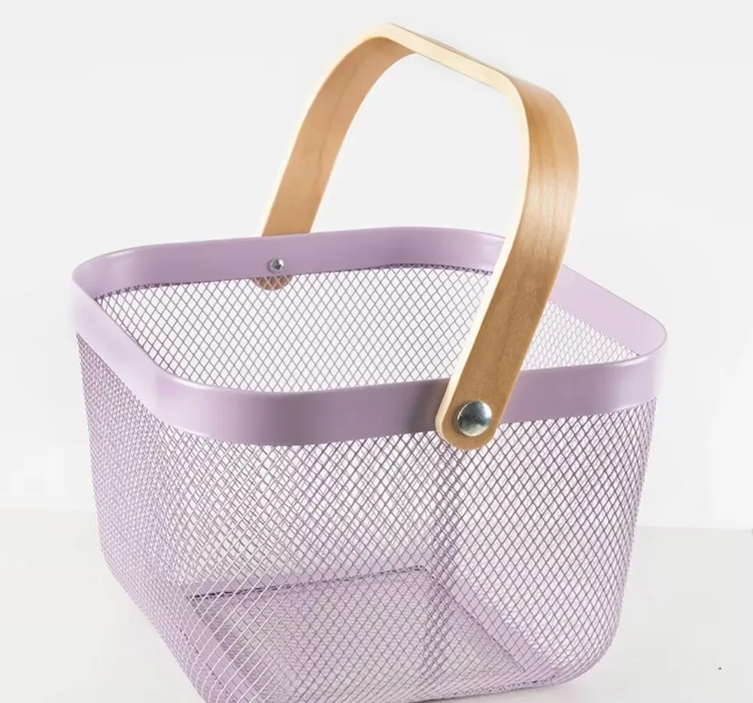 Wooden handle small basket desktop storage basket fruit basket iron