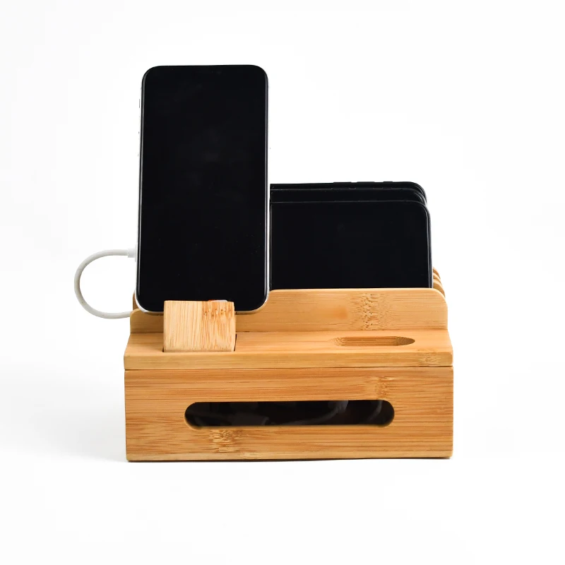 WDF New Product charging stations for multiple devices charging base storage box tablet computer stand bamboo charging station