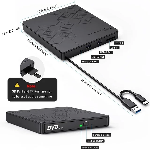 USB 3.0 External DVD Burner Slim Portable Type-C Multifunction Hub CD/DVD-ROM Drive CD/Dvd +/-Rw Optical Drive Laptop Desktop