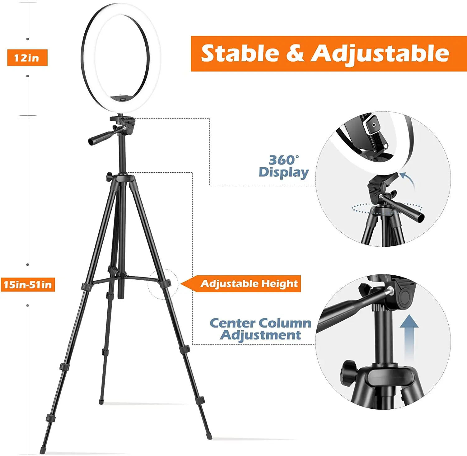 12' Ring Light with Tripod Stand, LED Selfie Ring Light with Stand and Phone Holder for Photography/Recording/YouTube/ TikTok
