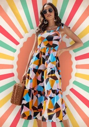 2022 Fashionable woman colorful sleeveless backless maxi dress Casual midi dress Chiffon Polyester Floral Printed Long Skirt