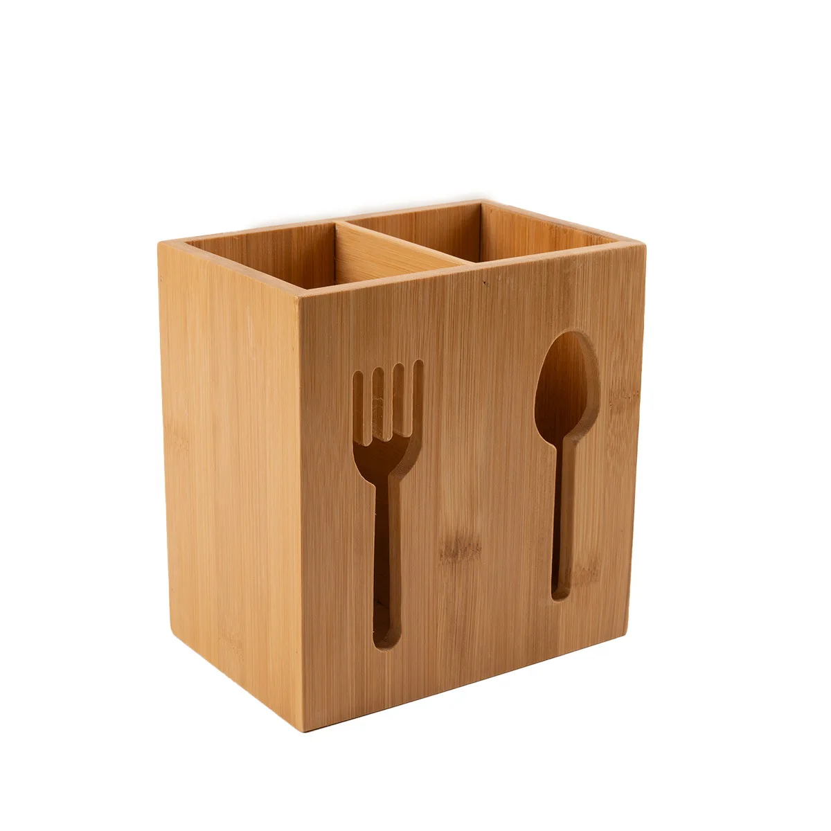 Wholesale Bamboo Wooden Organizer Restaurant Tabletop Spoon Cutlery Dining Utensils Holder 2 Compartment Kitchen Display Box