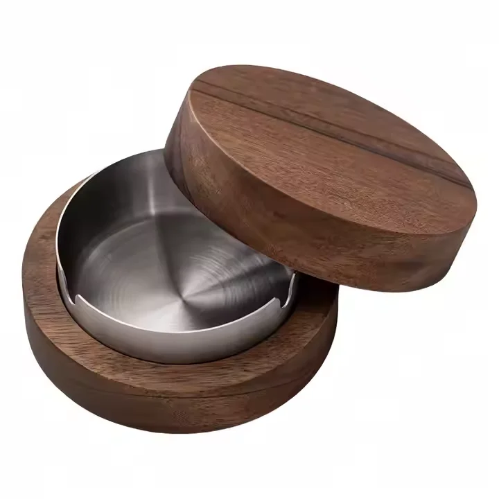 Windproof  Easy Clean Windproof Ashtrays for Cigarettes Ash Tray with Lid Portable Stainless Steel Wooden Ashtray With Lid