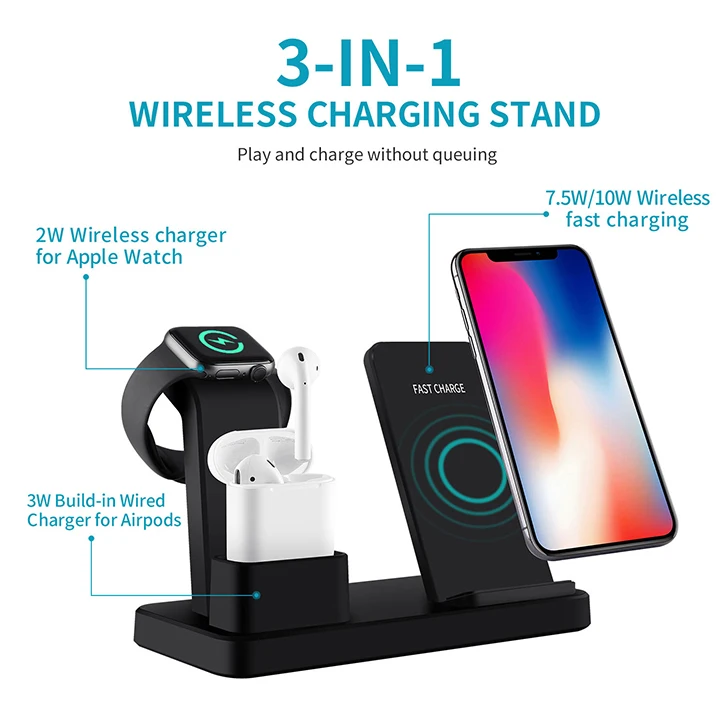 High quality Fast 3 in 1 wireless charger Stand Holder Q12 for Iphone 8 x Xs Max Xr Samsung S9 S10 Plus