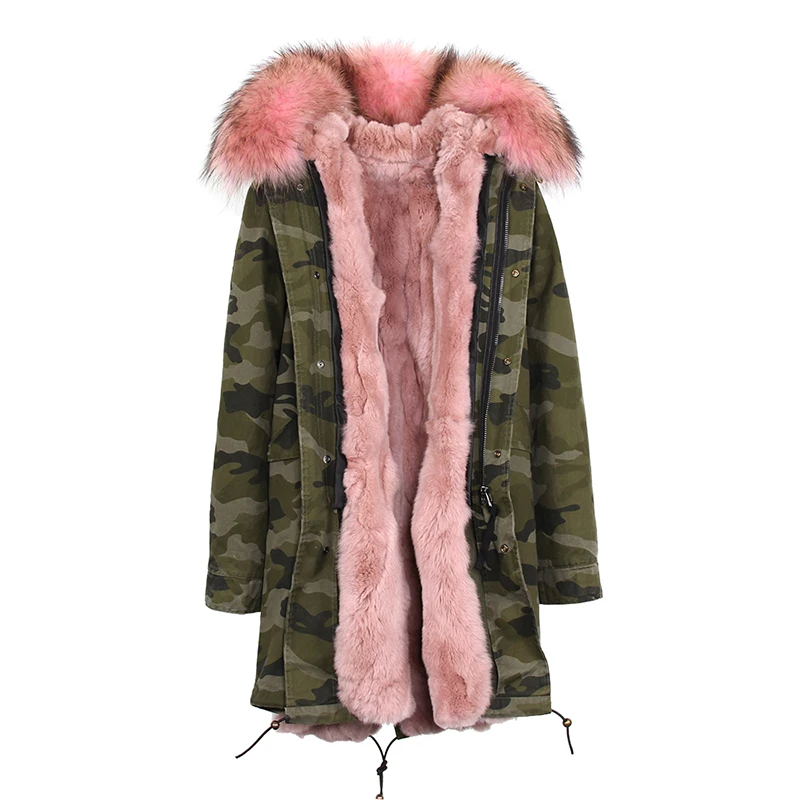 Stylish Ladies Winter Real Rabbit Fur Removable Lining Long Parka With Real Raccoon Fur Collar