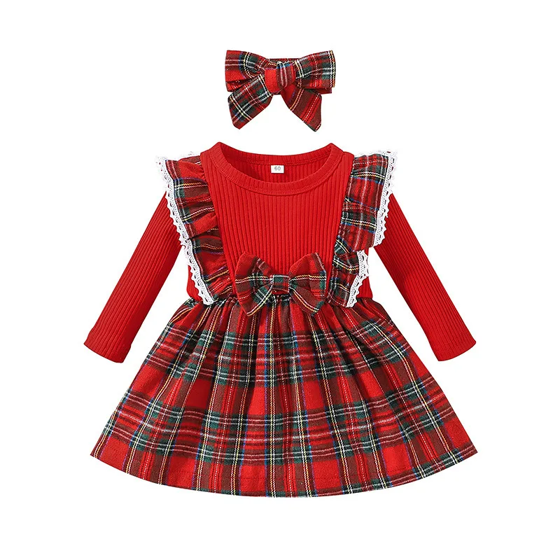 Baby Girls Dresses Christmas Clothes Plaid Patchwork Crew Neck Long Sleeve Dress Fall Casual Princess Dress with Headband
