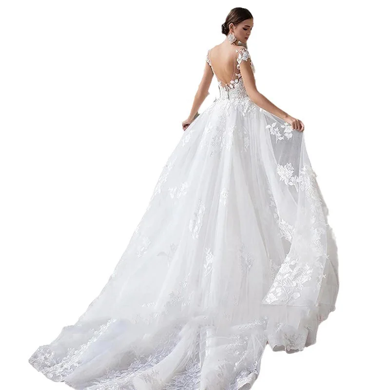 Sexy Luxury Detachable Train Trumpet Bride Ball Gown Lace Appliqued Mermaid Wedding Dresses
