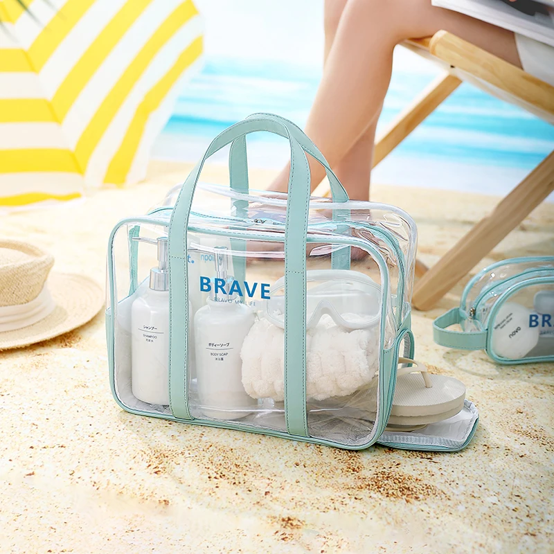 Transparent PVC Tote Bag Waterproof Large Travel Toiletry Bag Foldable Small Handbag Purse Fabric Storage Flexible Storage
