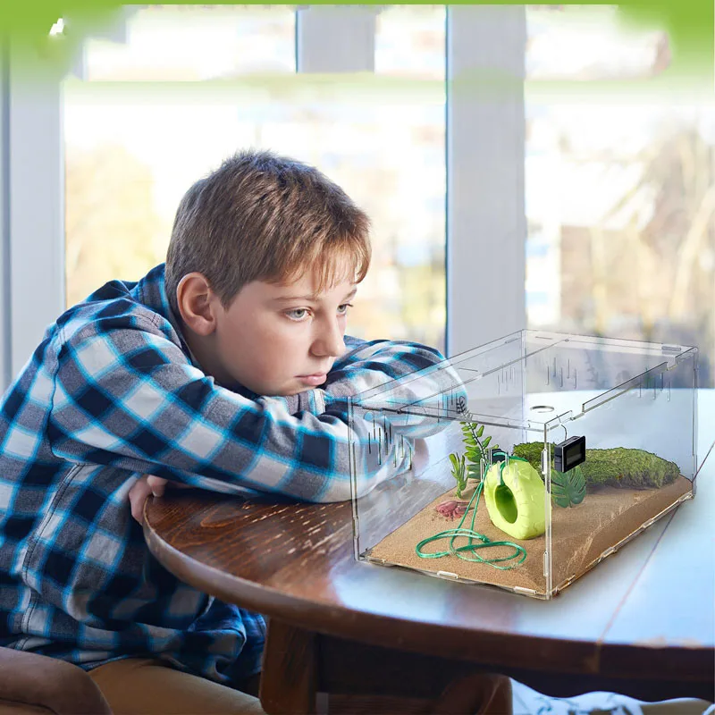 Acrylic Reptile Terrariums Tarantula Enclosure Hermit Crab Tank Cage Jumping Spider Breeding Box with Temperature Hygrometer