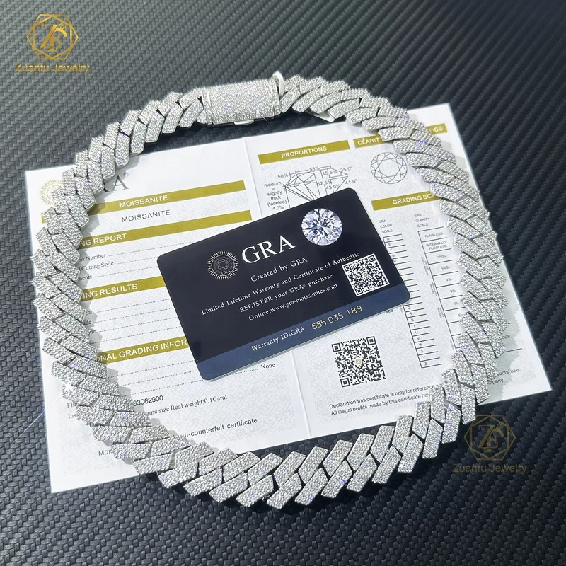 pass tester easily big size width 16mm18mm 20mm cuban chain 925S Gold Plated 3 rows lab grown moissanite necklace bracelet chain