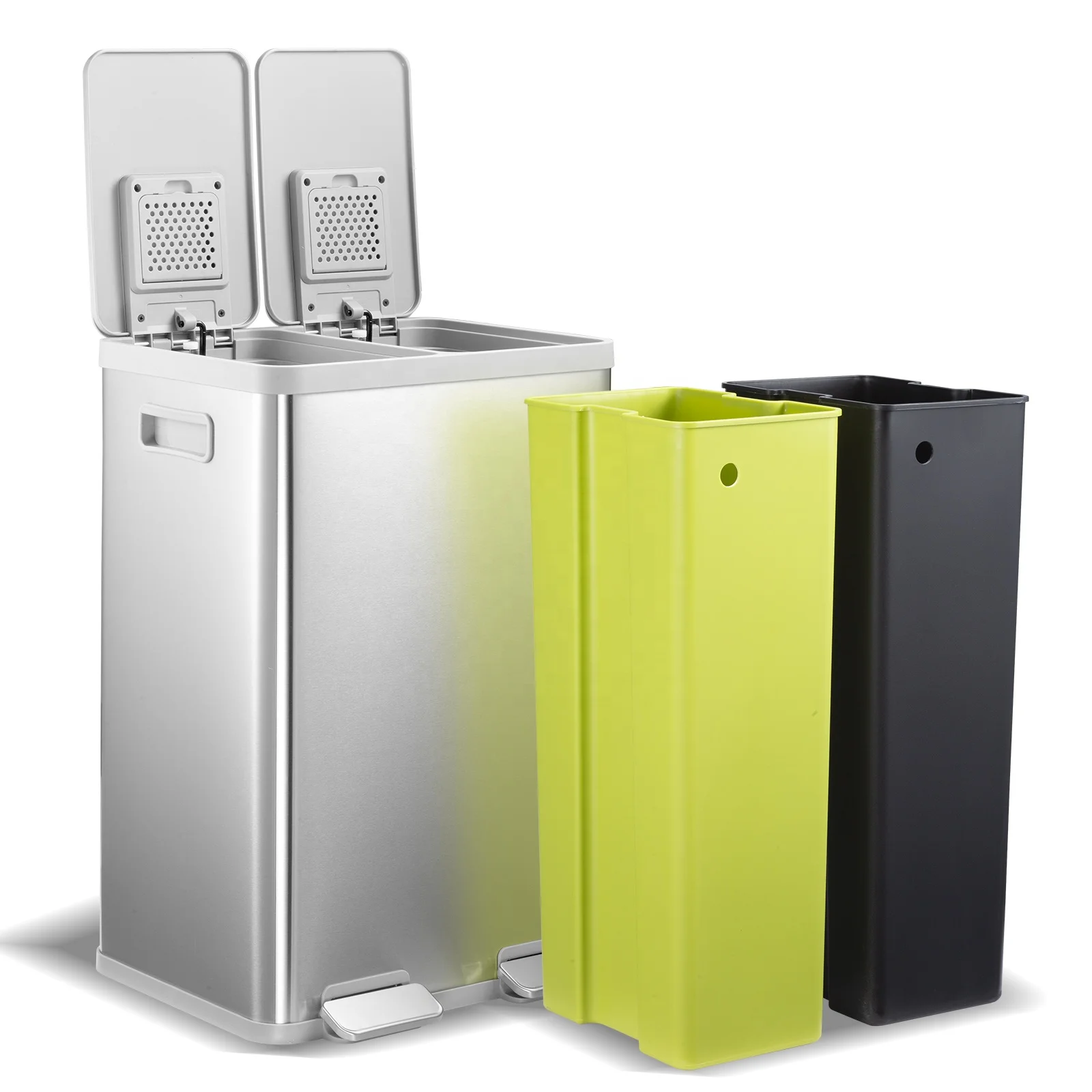 60 Liter 13 Gallon Hands Free Dual Compartment Step Trash Can with Soft Close Lid Brushed Stainless Steel Waste Bin