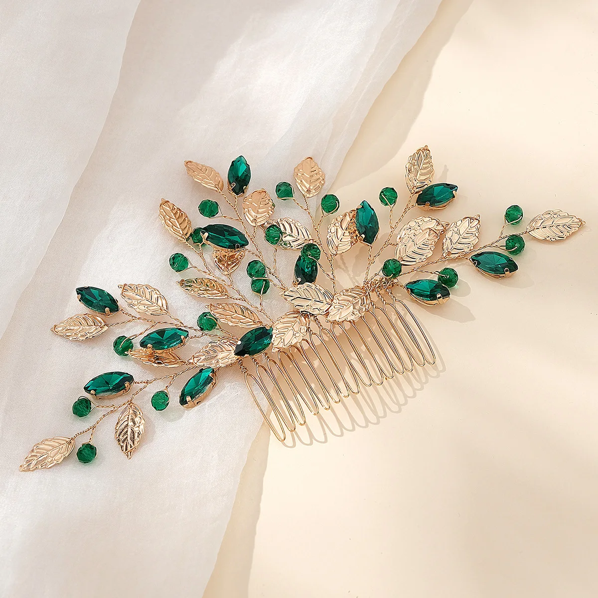 SLBRIDAL Handmade Alloy Leaf Green Crystal Rhinestones Bridal Hair Comb Hair Pin Wedding Hair accessories Women Jewelry