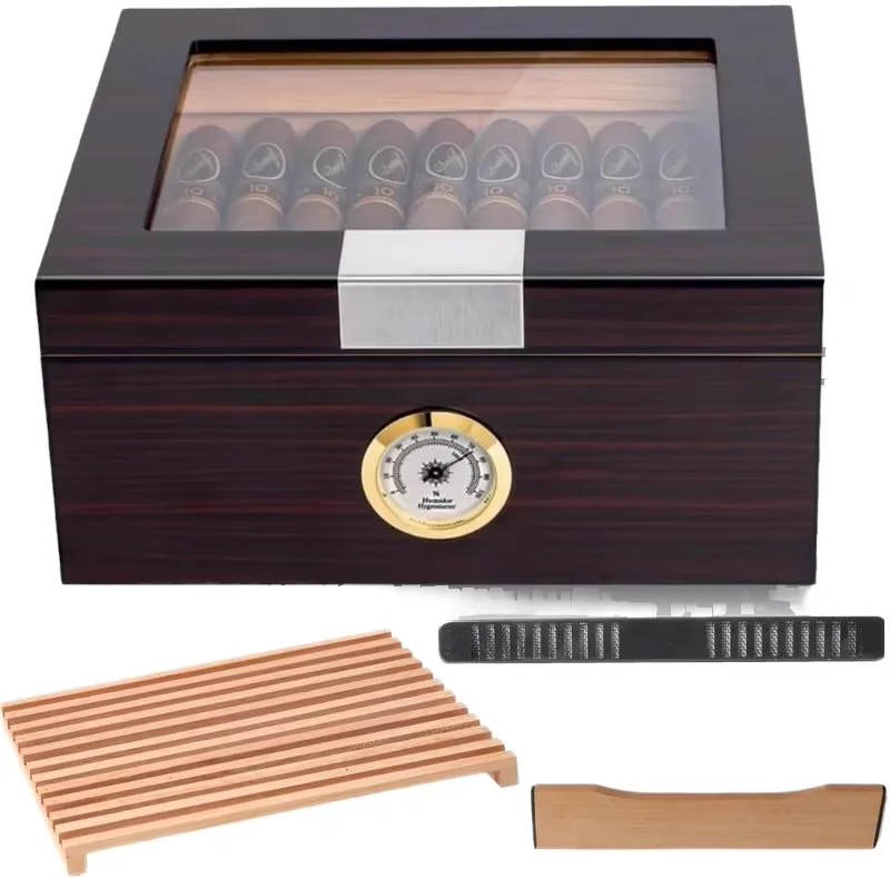 muxiang CASE ELEGANCE Glass Top humidor cigar box with Thick Cedar Easy humidification System Accurate Digital Hygrometer Brown