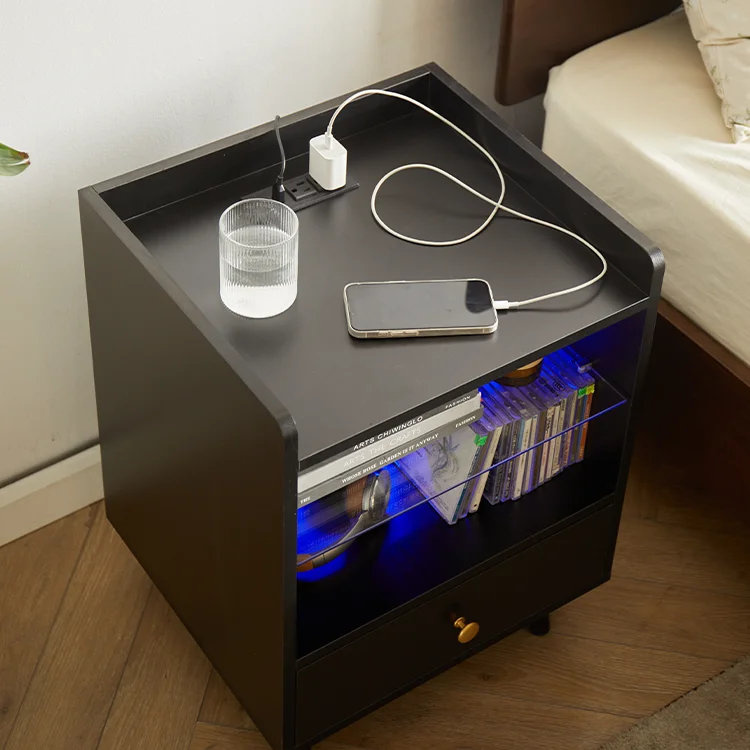 Drawer storage bedside table bed side nightstand nightstand with charging station smart bedside table with wireless usb