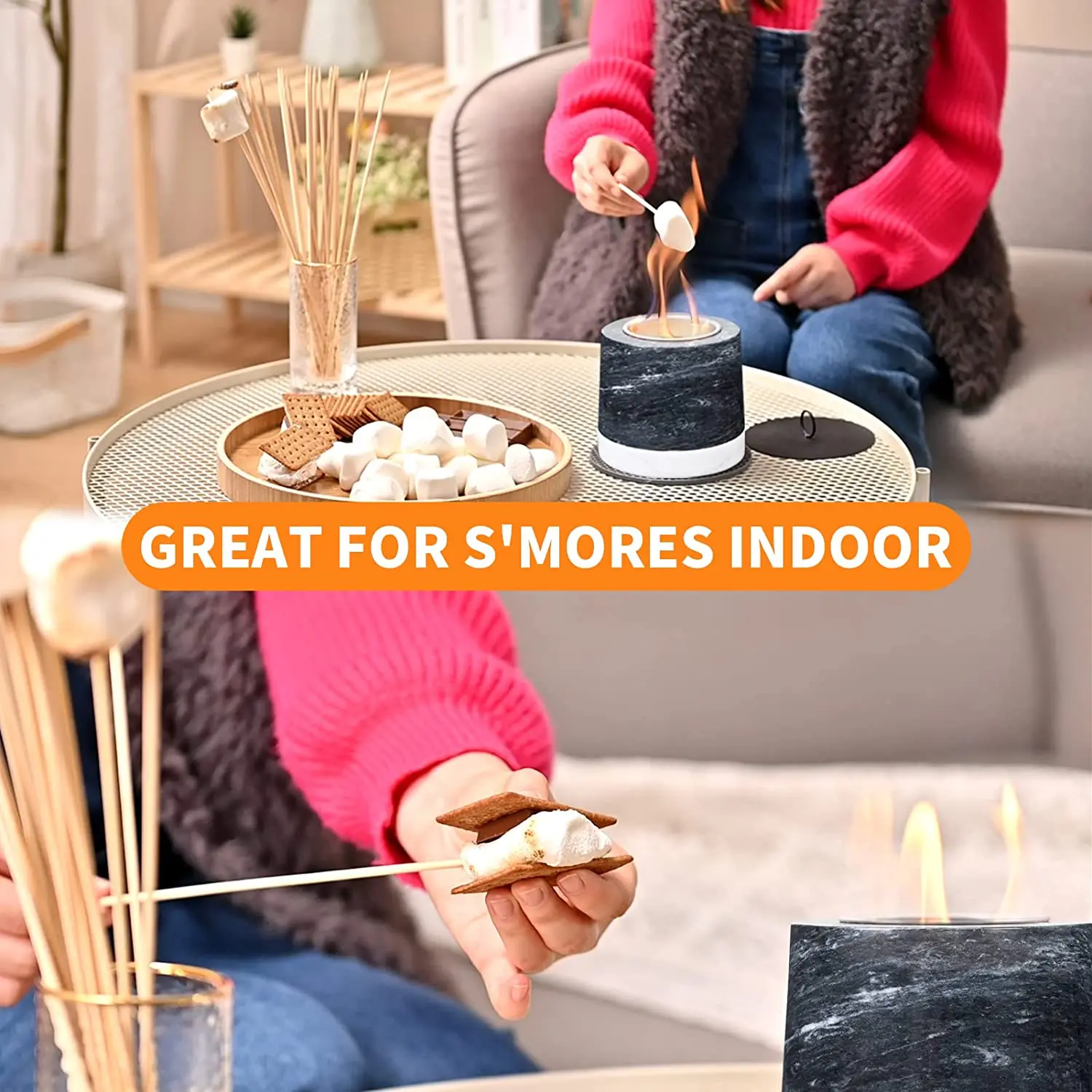 SUNBOW Natural Marble Outdoor Table Steel Fire Pit with Bioethanol Fireplace Lantern for Patio Campfire Indoor Fireplace Table