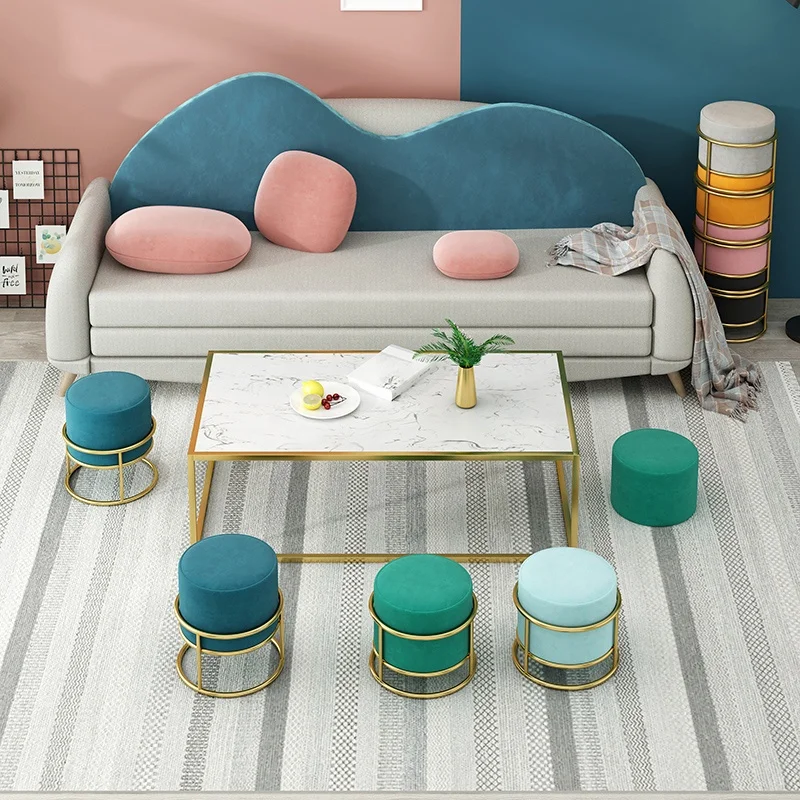Living Room Modern Footstool RTS Adjustable Height Round Stool Velvet Color Customizable Ottoman Stool With Metal Legs