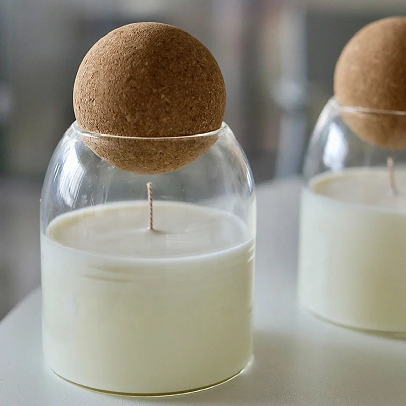 Unique Heat Resistant BorosilicateGlass Canister Jar Candle with Cork Ball Lid Glass Candle Holders For Home Decoration