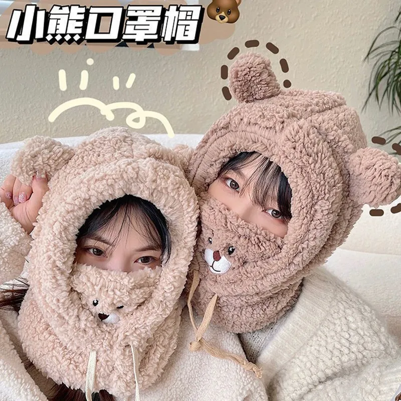 Winter 2 in 1 Scarf Hat Sets With Mask Women Plush Wool Cute Designer Anime Bear Ear Thermal Neck Warm Hat Set