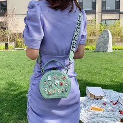 OLAF Factory 2023 Trendy Fashion Ladies Lingge Rivet Small Round Bag 2023 New Trendy Cartoon Badge Shoulder Bag
