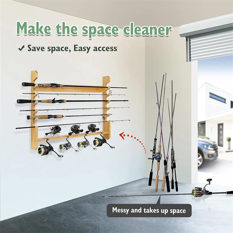 Lightweight Wooden 24 Holes Fishing Display Support Storage Stand Fishing Pole Racks Wall Mounted Bamboo Fishing Rod Holder