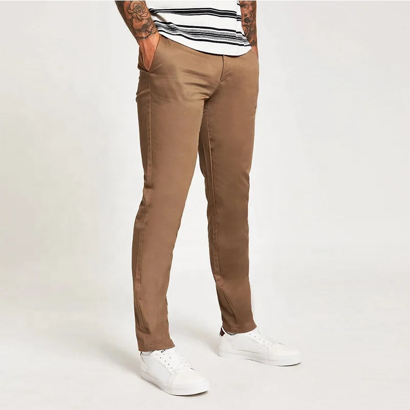 
Custom logo light brown slim fit chino trousers men skinny cotton stretch pants 
