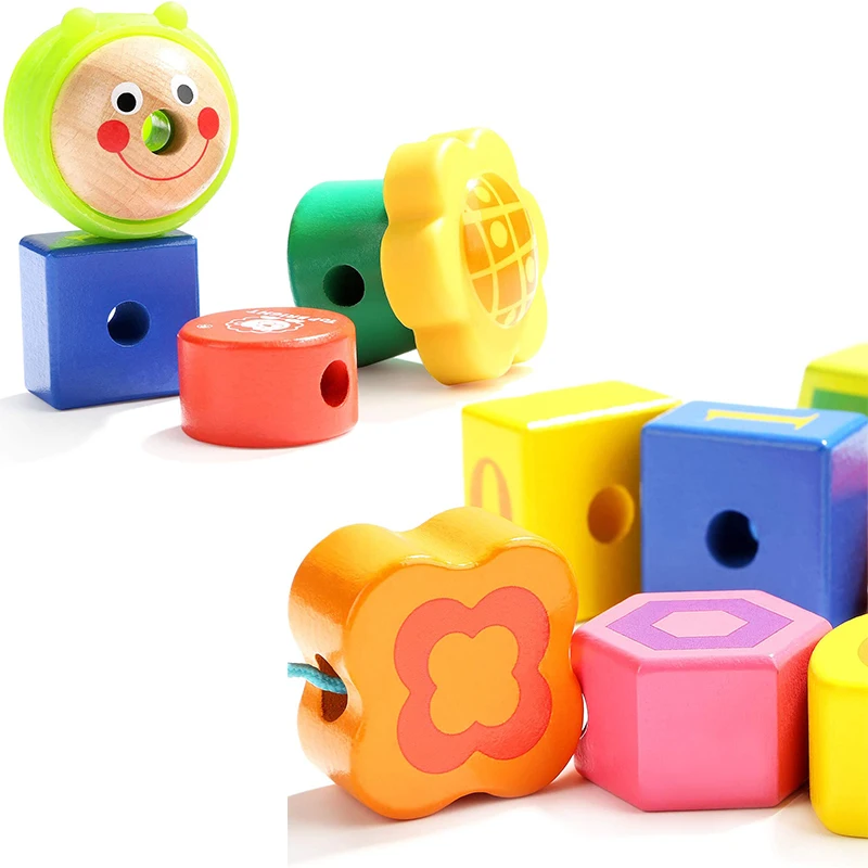Topbright Cartoon Animals Fruit Block Wooden Toys Stringing Threading Beads Game Educational Toy for Kids