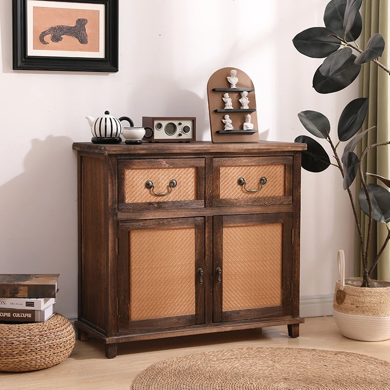 Solid wood storage cabinet living room multi-drawer rattan storage cabinet home farmhouse music decorative sideboard