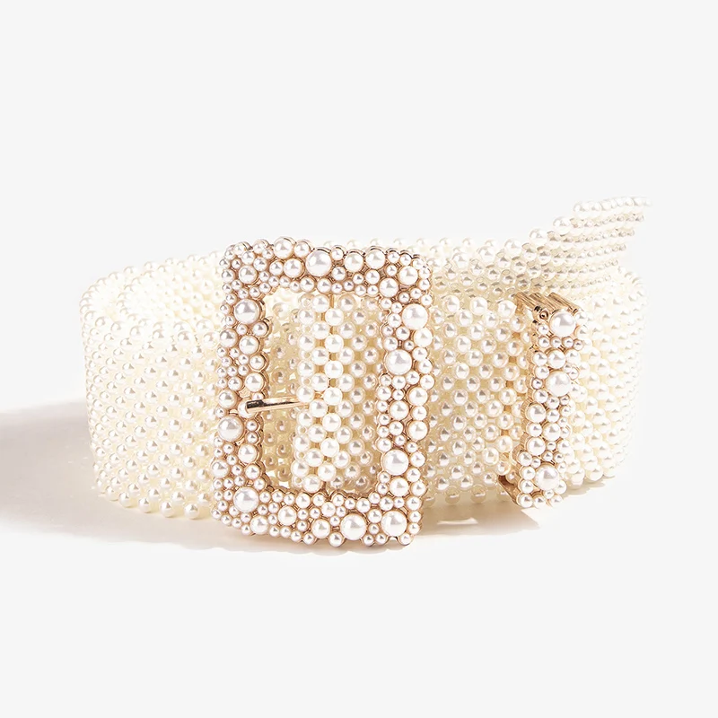 Новейший продукт для женщин, тяжелая промышленность, широкий пояс с жемчугом, элегантный широкий пояс из пластика с белым жемчугом