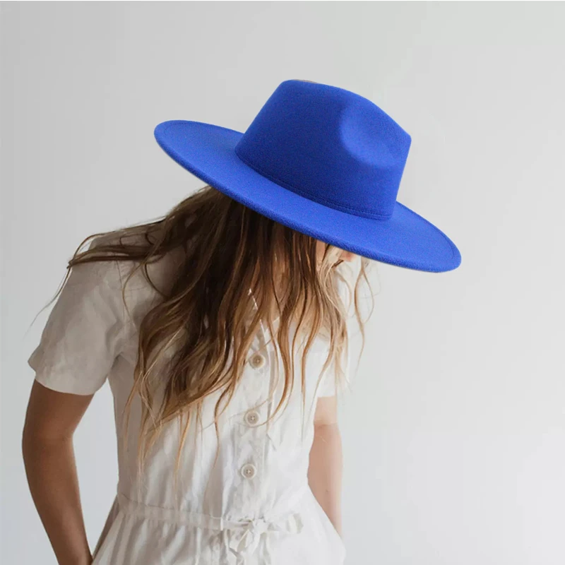 9.5cm wide brim women Gasquette Fashion panama Jazz Solid Color Blue Flat Fedora Hat