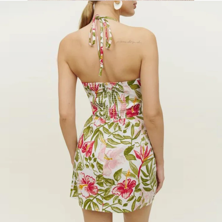 Women clothing 2022 custom print cotton sun dress slit mini spring women sexy backless halter elegant dresses