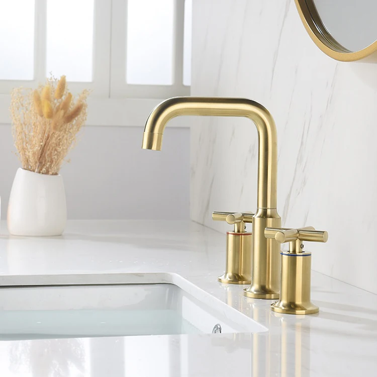 Deck Mounted Brushed Gold 3 Holes Double Corss Handle High-Arc Widespread Bathroom Split Basin Sink Faucet