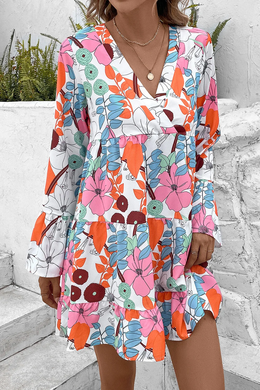 Dear-Lover Wholesale Long Sleeve White Floral Tiered Mini Dress