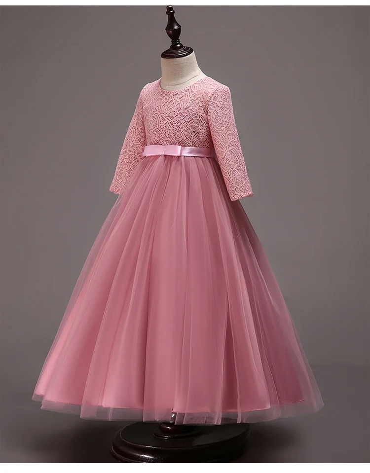 Wholesale Girls Long Lace Flower Birthday Party Elegan Long Sleeve Dresses Princess Wedding Children First Communion Dress
