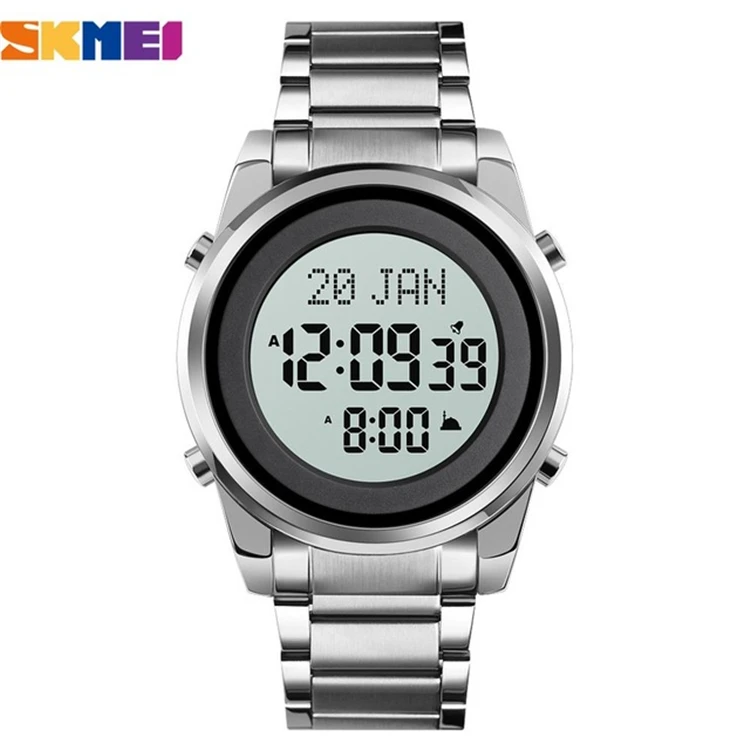 SKMEI Round Digital Watch For Men Qibla Time Reminder LED Golden Steel Religious Month Electronic Prayer Male Clocks 1734