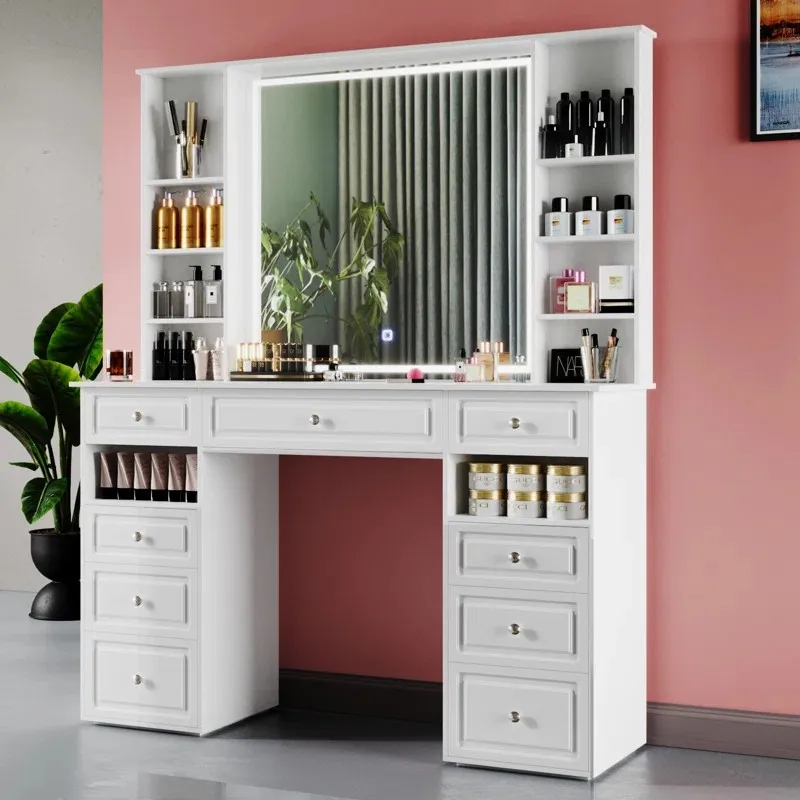 Wholesale European Bedroom Furniture Luxury White Vanity Makeup Table with Light Dressing Table With Mirror