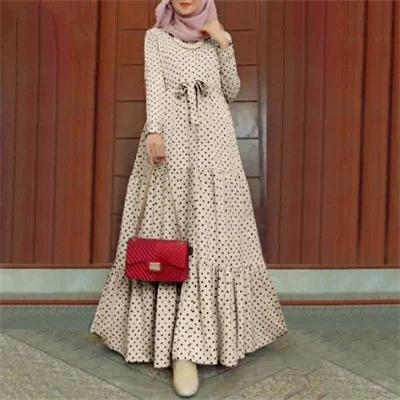 factory good quality casual New Muslim Moroccan dot long sleeve dress fashion belt sun skirt modest women clothing islamic