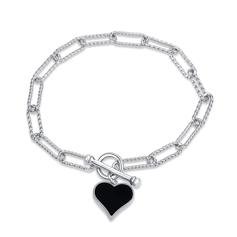 Rectangular cross chain 925 sterling silver bracelet with heart shape black onyx white shell charm