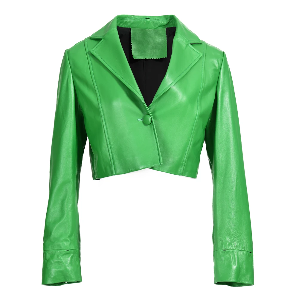 Fashion Spring Autumn Women Natural Sheepskin Lambskin Coat Crop Genuine Leather Jacket With Detachable Fur Collar Cuffs