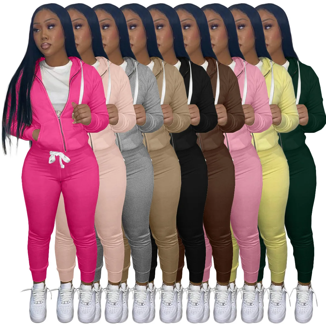 Custom Solid Zipper 2 Piece Crop Top Sweatshirt Jogger Pants Track Suit Winter Clothes Women Two Piece Outfits Hoodie Set