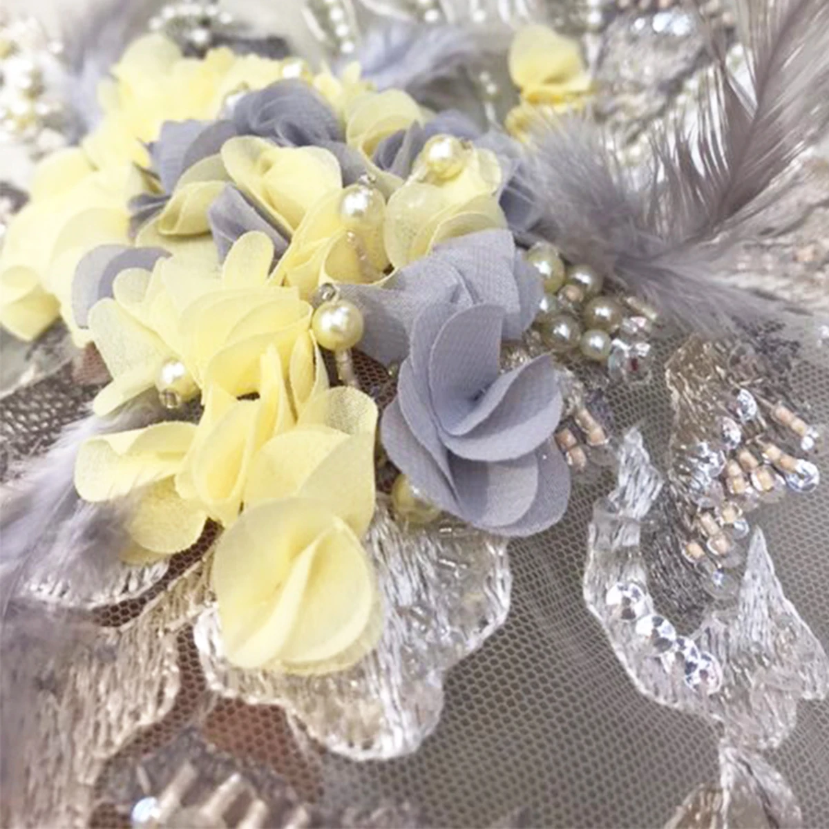 Elegant Yellow 3D Handwork Flowers Embroidery Designs Beaded Fabric Wholesale Price Beautiful French Sequins Clothing Lace Tulle