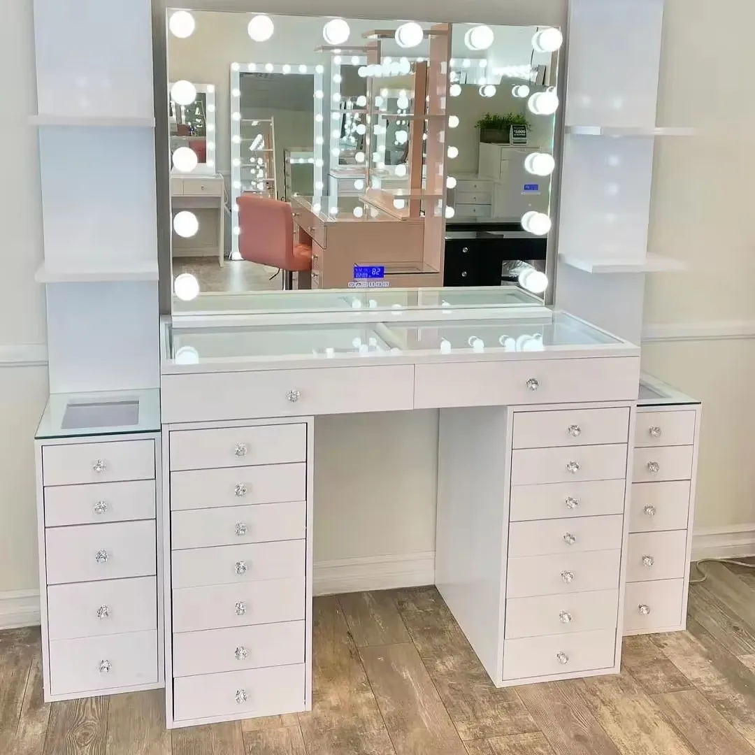 bedroom furniture glass top vanity table with makeup mirror shelves