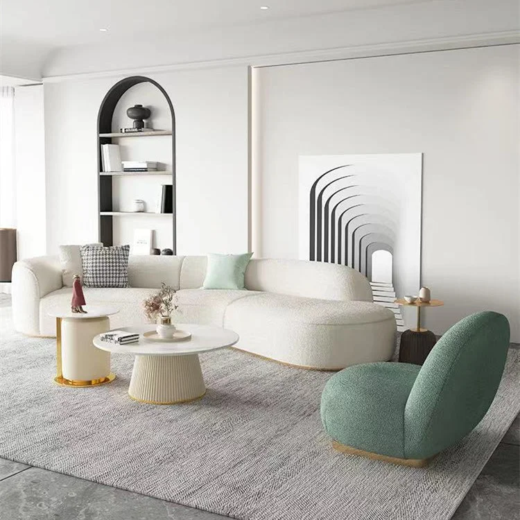 Nordic INS Popular Luxury Stylist Home Livingroom Furniture Cream White Stuffed Teddy Boucle Sofa Curved
