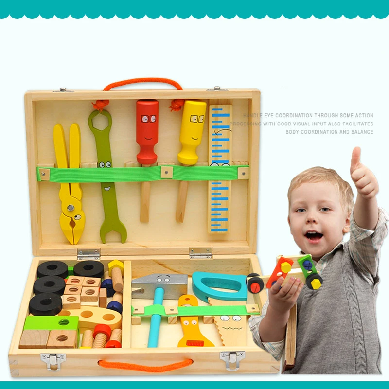 kids wooden educational assemble toys set Simulation toolbox kit  bolts nuts screws tool for children