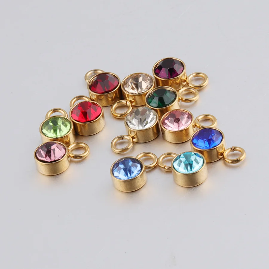 6MM Yiwu Stainless Steel Round Birthstone Charms Pendant For DIY Necklace Bracelets Jewelry Making Findings Gold Plated Jewelry
