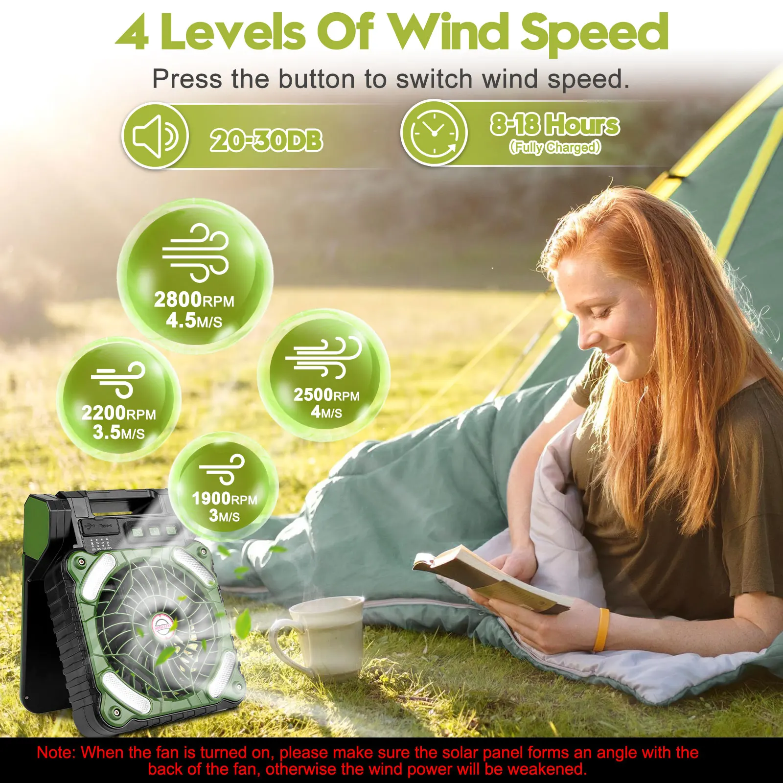 Solar-Powered Camping Fan with LED Lantern 10400mAh Rechargeable Battery Timer Phone Charging and Eco-Friendly Fan