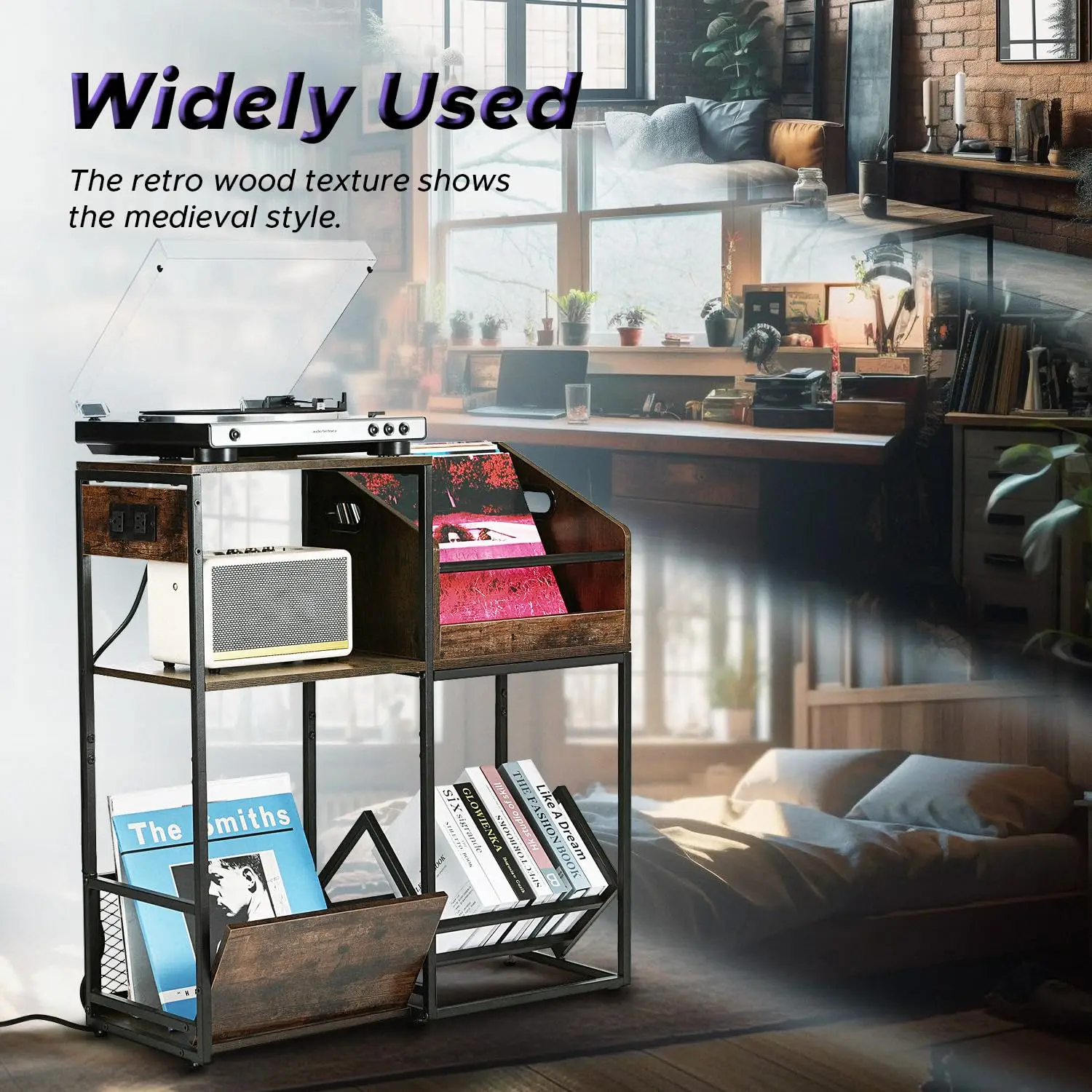 Record Player Stand with Vinyl Storage Shelf End Table with Charging Station Turntable Stand with Removable Record Holder